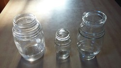Three barrel-shaped preserves - mustard jars
