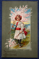 Antique embossed spring greeting card little girl with baby rose branch