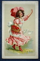 Antique embossed greeting litho postcard lady with flower basket in spring wind