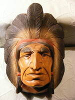 Faragott fa indián fej falidísz 33 cm
