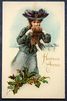 Antik dombornyomott Újévi üdvözlő litho képeslap hölgy téli táj korcsolyázók magyal hóesés