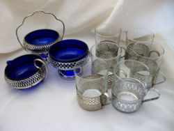 Tea set in silver-plated holders with Jena and cobalt glass inserts