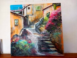 "Mediterrán lépcsők-fények-színek"festmény feszített vásznon  50x50 cm