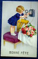 Art deco üdvözlő litho képeslap telefonáló kisleány széken állva  rózsacsokor