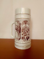 Hollóháza porcelain beer mug with medieval pub scenes, marked