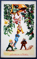 Art deco Christmas greeting graphic card elves holding bells on string with mistletoe and holly
