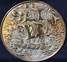 Dt/156 - huge, dramatic, embossed copper decorative wall bowl - boat scene