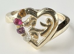 593T. 1 Forintról! 10k Arany (2,9 g) gyűrű, apró Brillel, Citrin-, Rubin- és Ametiszt kővel ékesítve