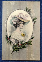Antique Vienne stamp graphic greeting card portrait of a lady in a holly branch medallion