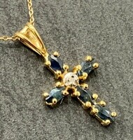 Genuine natural sapphire gemstone cross pendant, 14k gold plated, 925 marked