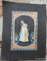 Goddess among peacocks - Indian silk painting
