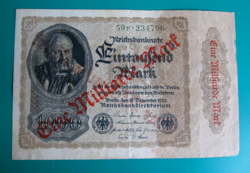 1000 Mark - Reichsbanknote –felülbélyegzés– Eine Milliarde Mark  - 1922-12-15. Berlin