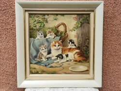 Bert Notenboom (1942-2011) Játékos macskák anyjukkal VI.- Világhírű holland festő festménye