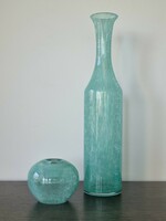 Karcagi fátyolüveg ritkaságok-türkizkék váza és gyertyatartó