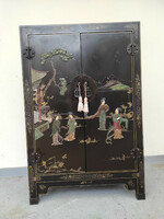 Antik kínai bútor vésett dombor kő berakásos festett fekete kis lakk szekrény 350 6140