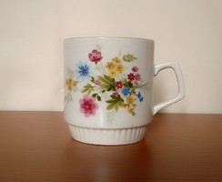 Floral Zsolnay porcelain mug cup glass, colorful spring flowers, marked,