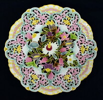 1880 Around family seal Zsolnay openwork flawless large majolica painted decorative bowl!