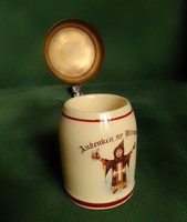Antik régi német réz fedeles mini kerámia sörös korsó kupa szerzetes csuhás barát München 5,8cm 1900