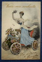 Antik  Vienne stílusú grafikus üdvözlő  képeslap hölgy rózsás automobillal