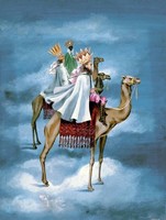 Remedios Varo Napkeleti bölcsek reprint nyomat, Három királyok, teve sivatag palást korona kék ég
