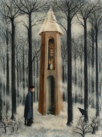 Remedios varo truancy reprint print, dream world fantasy fairy tale forest tower fox owl crow