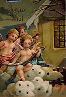 Antik dombornyomott Karácsonyi üdvözlő litho képeslap angyalkák téli éjszaka felhőben zenélnek