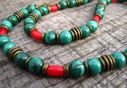 Natural malachite + red coral mineral unique necklace / mineral necklace - African style