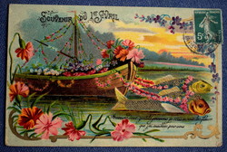 Antik ápr.1. üdvözlő litho képeslap  virágos csónak arany pikkelyű halakkal  tájkép