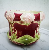 Antique Art Nouveau majolica vase. Colorful embossed flower decoration. Schütz cilli, blasko or eichwald