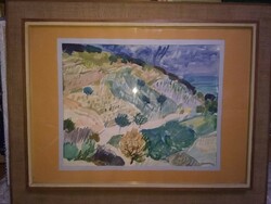 GULYÁS DÉNES akvarell keretben.Balatoni tájkép