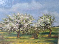Pastel painting 4 seasons - spring landscape, nature