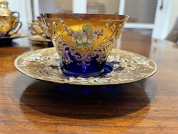 Gyöngyház és arany díszítésű kék üveg kávés/teás készlet
