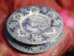 Antik angol jelenetes porcelán mély és lapos tányérpár