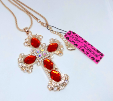 Betsey Johnson Red Crystal Cross Sweater Necklace