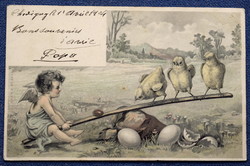 Antik A&M B Húsvéti üdvözlő litho képeslap angyalka mérleghintázik  csibékkel tojás