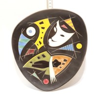 German, colorful carnival pattern, black glazed ceramic wall plate (2411)