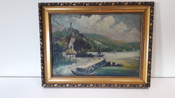 Waterside with a sailboat - oil painting with 