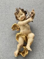 Fabulous religious fiddling putto little angel figurine made of wood, rich in detail, beautiful