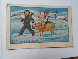 D191263 old postcard - happy new year - chimney sweep - pig - folk costume