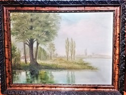 Riverside landscape, oil painting