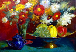 István Z. Soós (1900 - 2002) flowers with fruits in a blue enamel jug