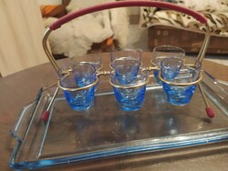 Likőrös pettyes kék színű pohár készlet, tartóval, tálcával