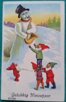 Régi újévi képeslap, törpék, hóember