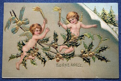 Antik dombornyomott Újévi üdvözlő litho képeslap angyalkák arany fáklyákkal magyal  téli táj