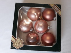 Retro 6 db rózsaszín üveggömb karácsonyfadísz dobozában