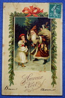 Antik  dombornyomott Karácsonyi üdvözlő litho képeslap Mikulás puttonnyal gyerekek téli táj játékok