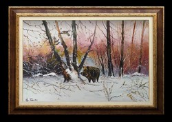 Vadászfestmény Első hó c, vaddisznós új kortárs festmény