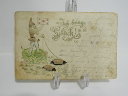 Antique embossed gilt greeting litho postcard dwarf beetle on sled