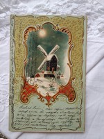 Antik dombornyomott, hosszúcímzéses aranyozott litho képeslap havas táj, szélmalom 1901