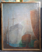 Dawn in the harbor (77x62 cm, oil, cardboard) a beautiful large-scale ship picture